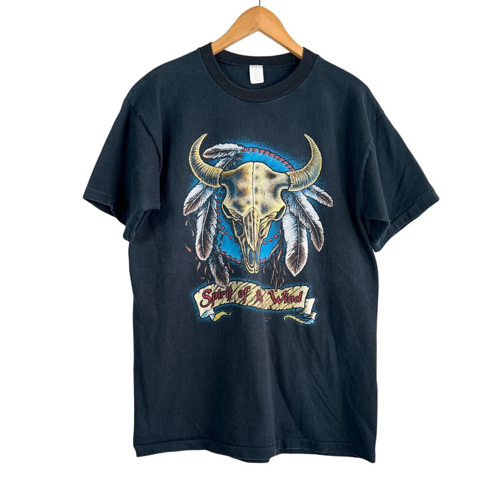 Vintage Spirit Of The Wind 3D Emblem Black Singe Stitch Shirt Large 21x30